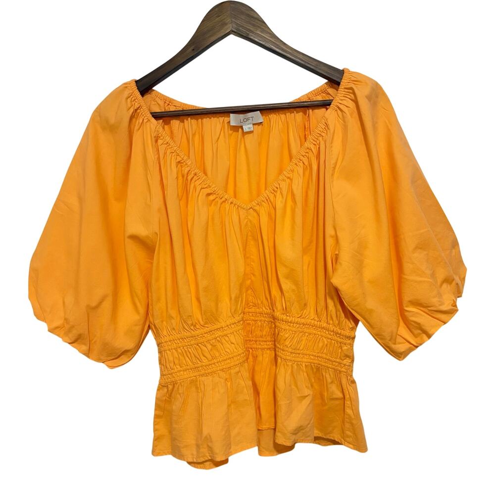 LOFT Bright Orange Smocked Peasant Puff Sleeve Peplum Blouse Women’s L